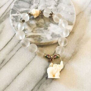 Elephant Charm Bracelet Frosted Glass Beaded Stretch Boho Ethnic